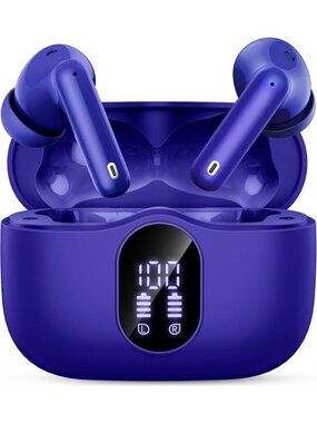 Wireless Dark Blue Bass Stereo Noise Cancelling Mic LED Display Bluetooth Earbud
